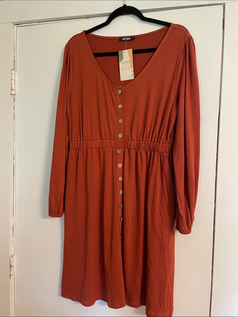 Button-Front Rust Long Sleeve Dress with Elastic Waist